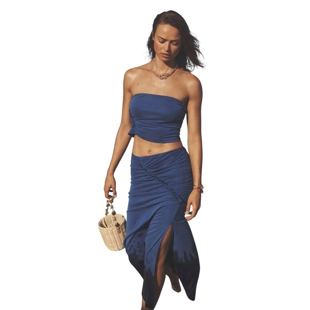 Celandine Anthropologie The Gabbie Ruched Midi‎ Skirt Blue Size 1X NWT